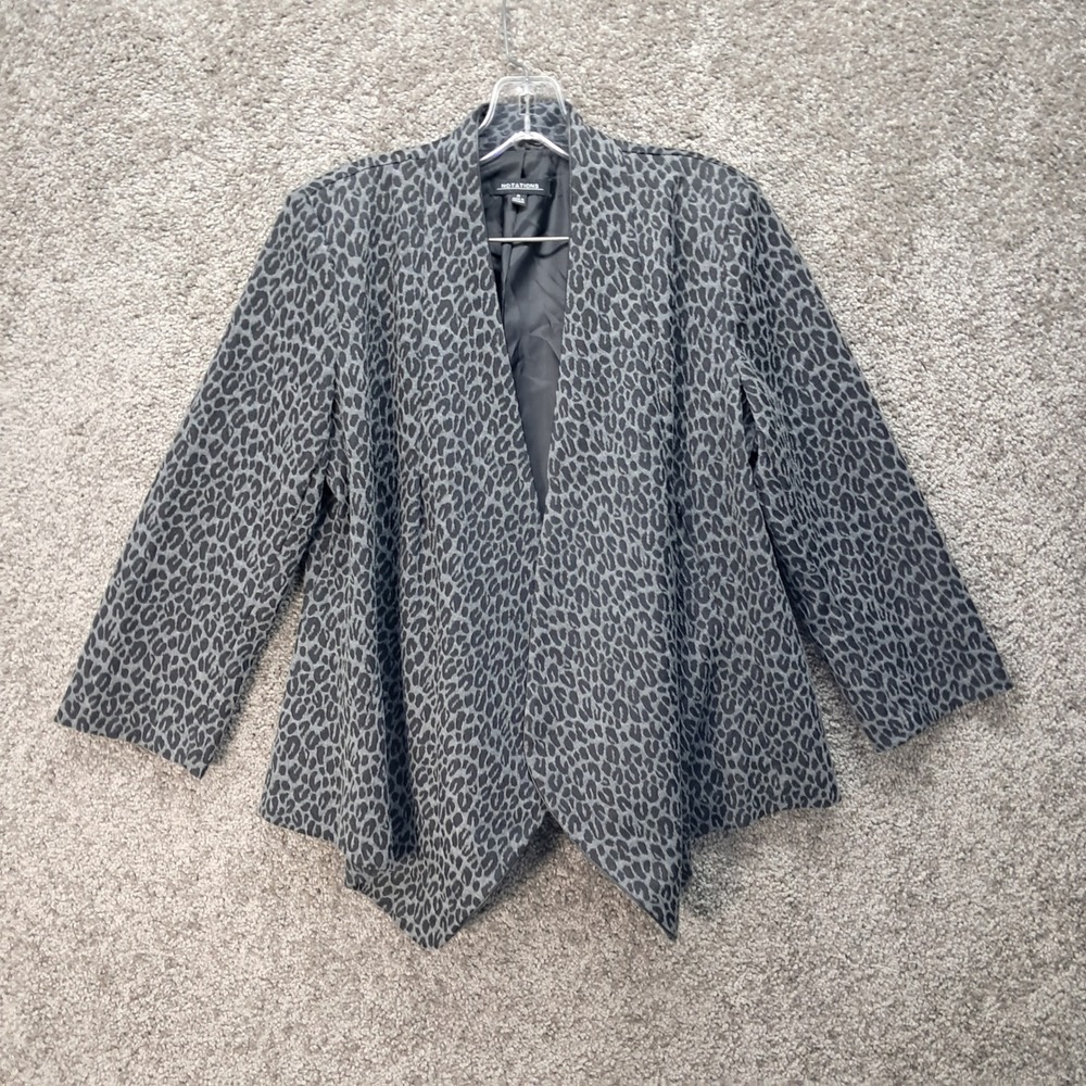 Notations Womens Grey Leopard Print Sharkbite Hem Open Front Blazer Jacket M